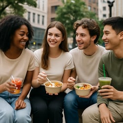 A small group of young adults sitting outdoors in an urban public space, casually enjoying fresh, healthy foods in simple containers. The scene feels social and relaxed, reflecting modern, everyday healthy eating.