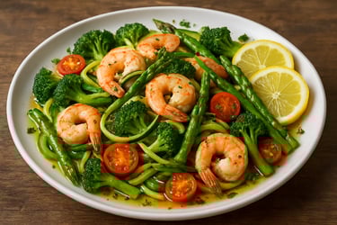 A vibrant plate of hearthealthy shrimp scampi showcases a colorful array of fresh vegetables intermingled with plump pink shrimp
