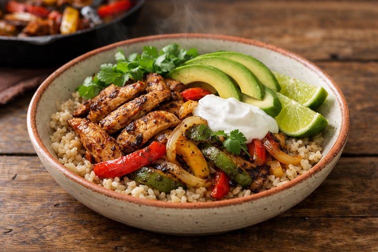 Tazón de fajita de pollo con tiras de pimiento y cebolla carbonizados sobre arroz integral, aguacate en rodajas, cilantro fresco, gajo de lima al lado