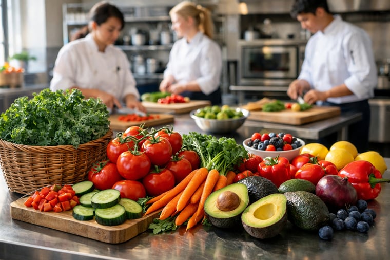 una vibrante escena culinaria llena de estudiantes de escuelas de cocina que preparan productos frescos