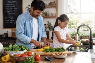 Un padre y su hijo preparando verduras frescas en casa