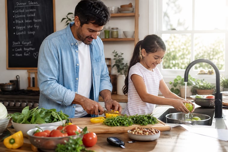 Un padre y su hijo preparando verduras frescas en casa