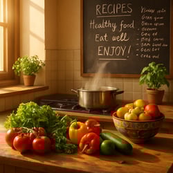 fruits and vegetables on the counter of a healthy kitchen