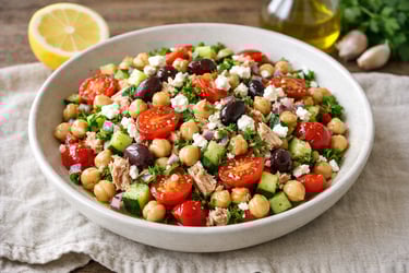 Ensalada de garbanzos y atún con tomates cherry partidos por la mitad, pepino y perejil, aliñada con aceite de oliva. 