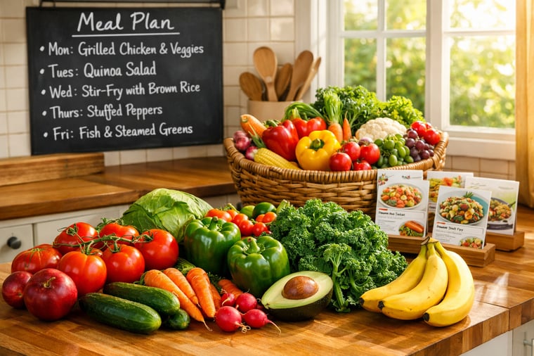 colorful fresh fruit and vegetables on a kitchen counter