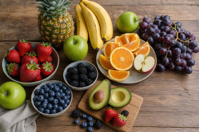 Frutas beneficiosas para el corazón: arándanos, manzanas, naranjas y aguacate sobre una mesa de madera, junto a un tensiómetro, bajo la luz natural del día