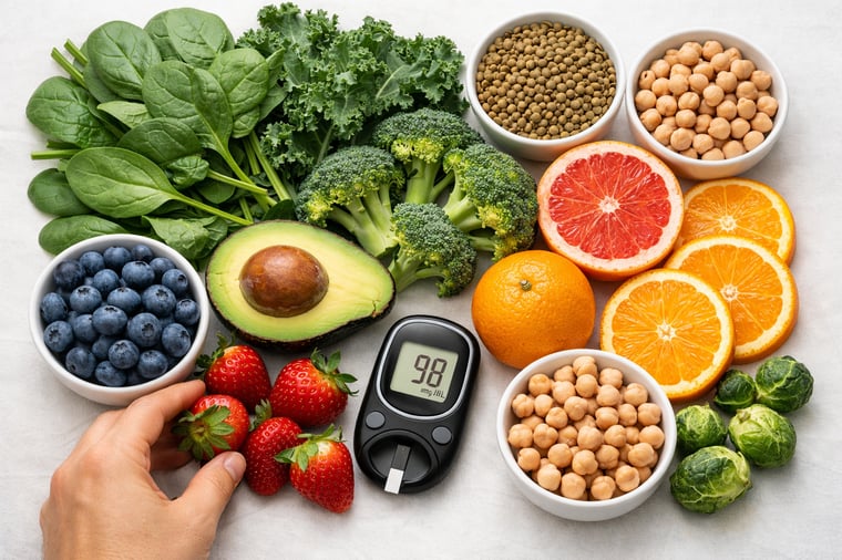 Overhead flat-lay of fresh diabetes-friendly produce including leafy greens, broccoli, avocado, blueberries, strawberries, citrus, lentils, and chickpeas arranged alongside a blood glucose monitor on a white surface.