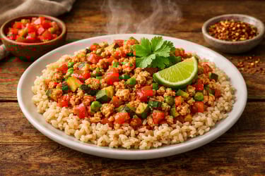 Un tazón de picadillo de pavo con calabacita, pimiento, y chícharos en salsa de tomate servido sobre arroz integral.