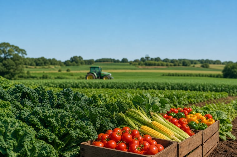 tomatoes, corn and carrots on a farm
