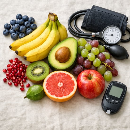 Nueve frutas frescas de interés médico dispuestas junto a un tensiómetro y un medidor de glucosa sobre una superficie de lino, ilustrando el concepto de alimento como medicina.