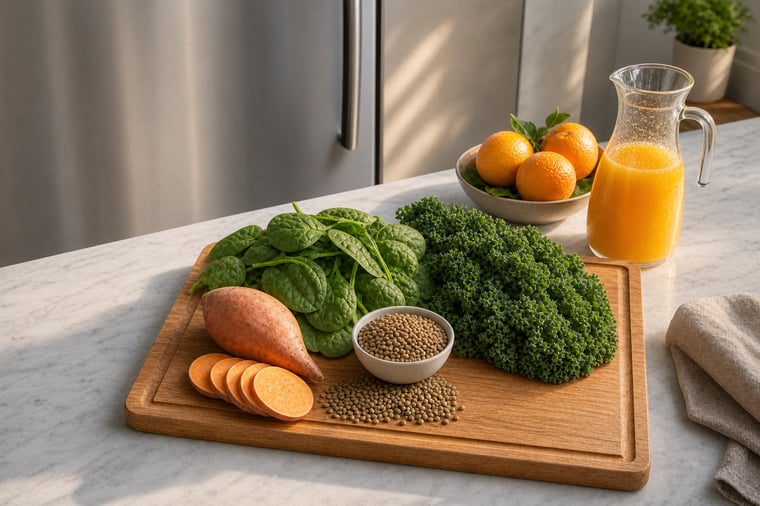 Verduras ricas en hierro, como las espinacas, la col rizada y las batatas 