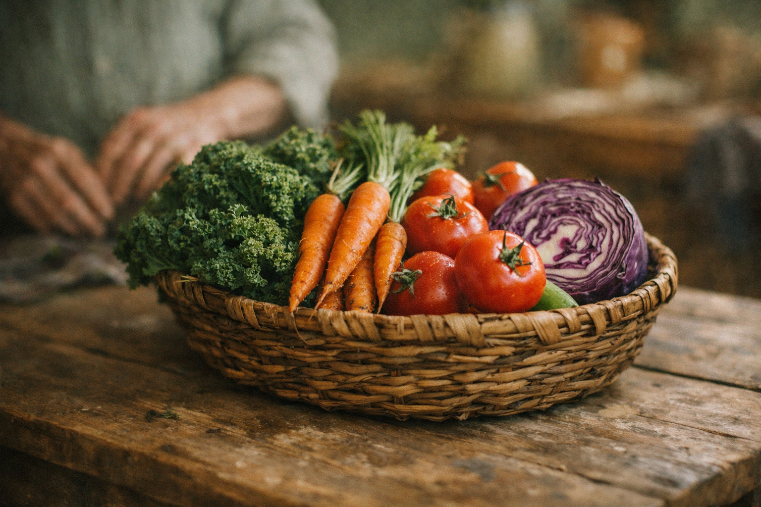 Wooden Table Overflowing With Vegetables In Warm Lighting-1