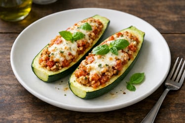 Two baked zucchini boats on a matte white ceramic plate — golden turkey filling, light cheese crust, fresh basil leaves