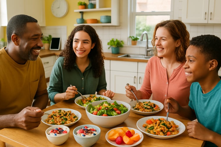 A colorful, bright family kitchen scene at dinnertime, with a diverse family (parents and two teens) sitting around a table enjoying a simple, healthy meal together. On the table are clearly visible “upgraded” everyday foods: whole grain pasta with vegetables and beans, a big salad bowl, sliced fruit, and yogurt with berries and seeds. The atmosphere should feel warm, relaxed, and real-life (not overly staged), with natural lighting and a modern but modest kitchen. Style should be clean and friendly, like lifestyle photography used on health and nutrition websites, with soft focus on the background and sharp focus on the food and faces.