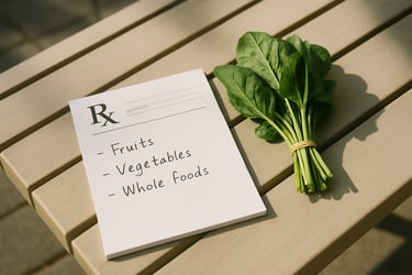 An unbranded prescription pad listing fruits and vegetables rests on a public surface next to fresh produce, symbolizing nutrition as part of healthcare.