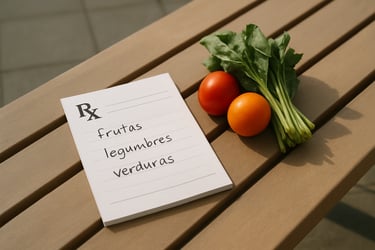 Una receta médica sin marca con una lista escrita de frutas, verduras y otros alimentos integrales, colocada junto a productos frescos, que representa la nutrición como parte de la atención médica.