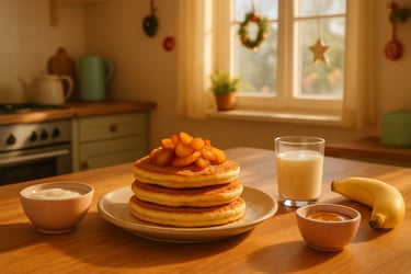 stack of golden brown banana pancakes topped with cinnamon apples