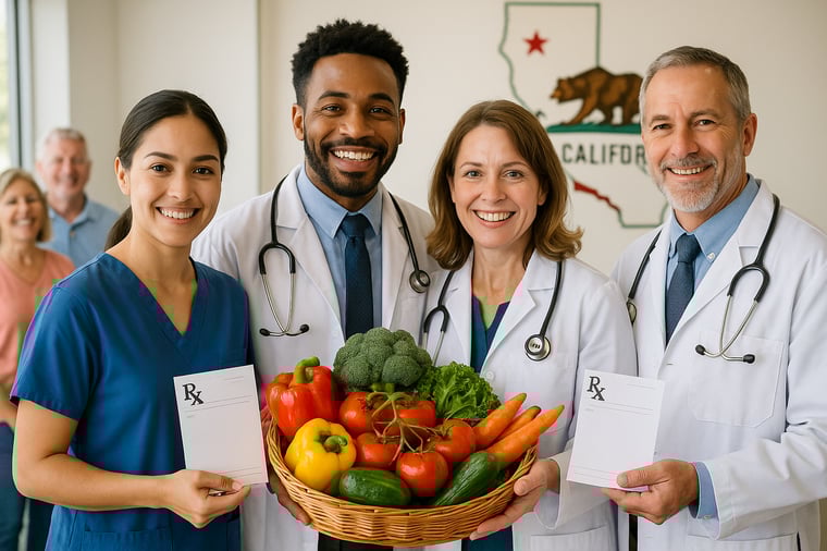 Un grupo de diversos médicos y enfermeras de California en una clínica médica presentan una colorida cesta de frutas y verduras frescas con talonarios de recetas, simbolizando la integración de la alimentación y la medicina. En el fondo, alegres pacientes y un sutil contorno del mapa de California refuerzan la conexión sanitaria local.