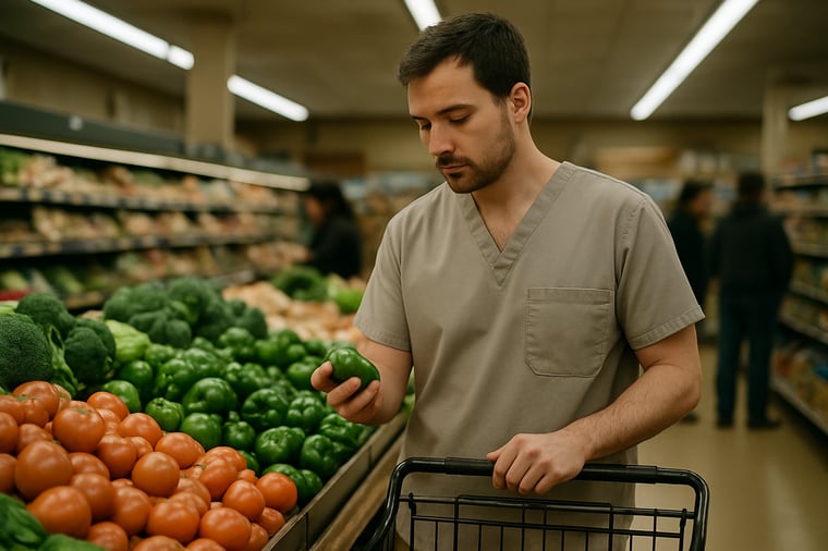 A documentary-style photograph of a healthcare professional wearing casual, neutral-colored scrubs shopping alone in the produce aisle of a grocery store. The individual is calmly selecting fruits or vegetables, examining produce with focus and familiarity. No medical equipment, name badges, logos, or signage are visible. The grocery store feels local and everyday — not upscale, not institutional. Other shoppers are present in the background but softly out of focus. The scene conveys continuity between clinical knowledge and daily life rather than a transaction. Natural overhead lighting, muted color palette, candid photojournalistic composition, high-resolution, contemporary American setting.