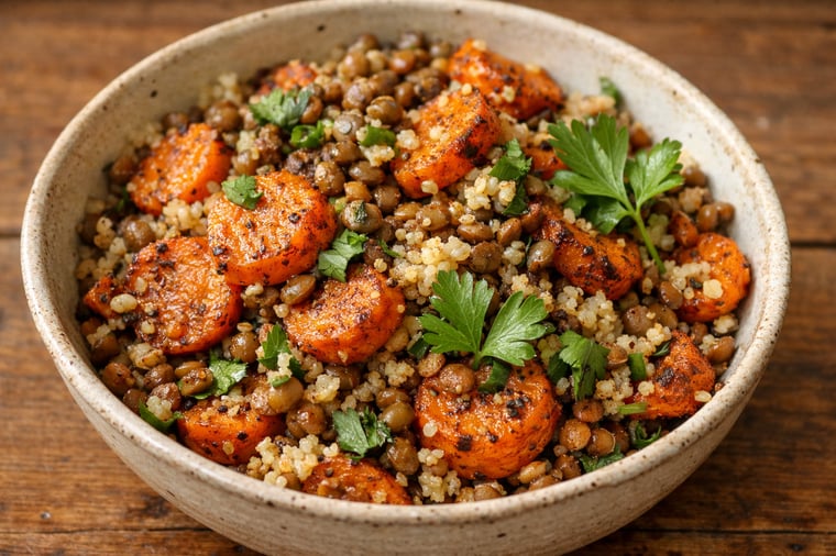 A bowl of lentils, grains, and roasted carrots with visible spices.