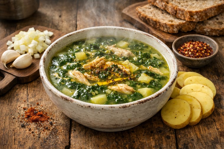 Un cuenco rústico de sopa de pollo y verduras con patatas sobre una mesa de madera.