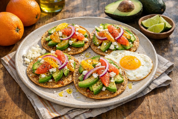 Citrus and avocado tostadas served on a ceramic plate in a bright home kitchen.