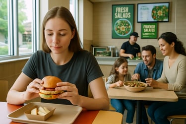 A woman eats a grilled chicken sandwich with apple slices while a nearby family shares a small power bowl with beans, chicken, and vegetables.