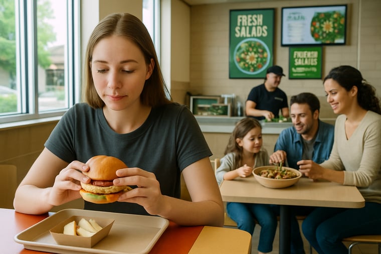 A woman eats a grilled chicken sandwich with apple slices while a nearby family shares a small power bowl with beans, chicken, and vegetables.