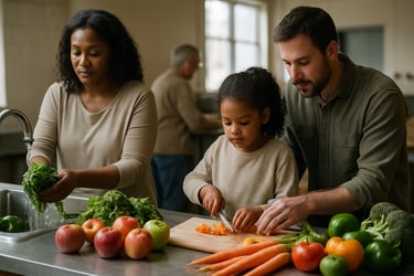 A modern American family prepares a nutritious meal of fruit and vegetables in a community kitchen