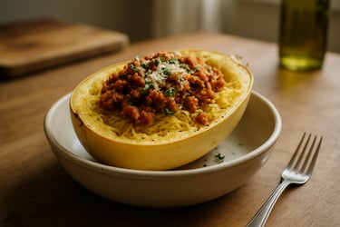 A bowl of spaghetti squash topped with ground chicken marinara and grated Parmesan sits on a kitchen counter, softly lit by natural light with simple cooking tools in the background.