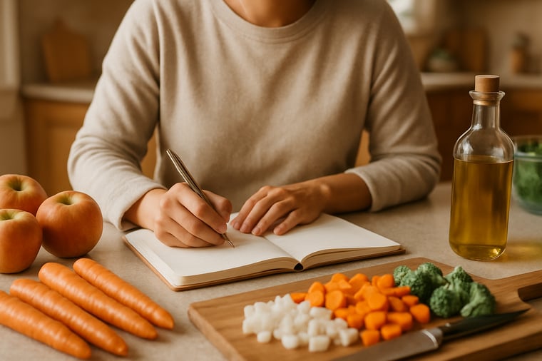 A person writes in a notebook at a kitchen counter while preparing a meal, surrounded by fresh ingredients such as apples, carrots, chopped vegetables, and a bottle of olive oil in a warm, naturally lit kitchen.