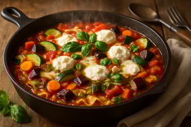 a skillet of lasagna noodles, eggplant, zucchini and other vegetables