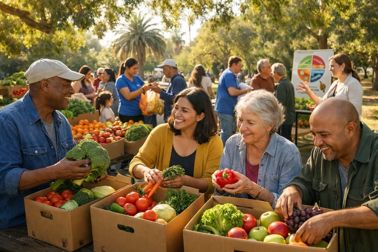 grupo de adultos en un mercado agrícola al aire libre probando fruta y verdura fresca