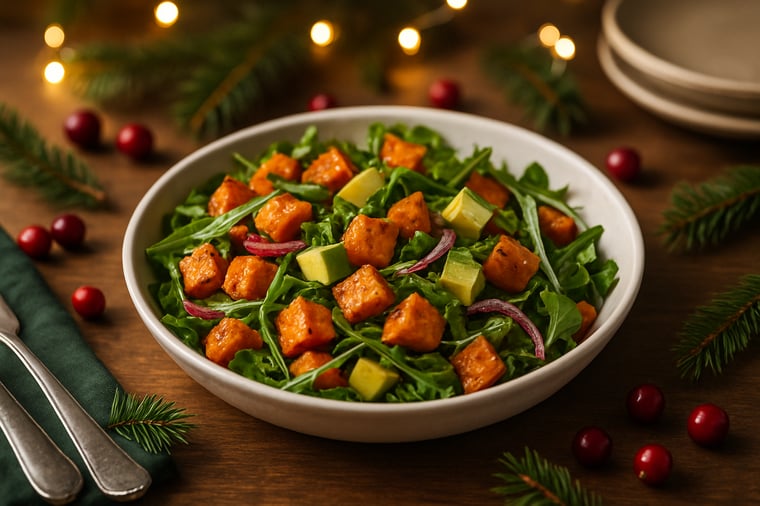 Ensalada festiva de batata asada servida en un plato blanco poco profundo sobre una cama de rúcula fresca, con cubos de aguacate y cebolla morada, decorada con pequeños detalles navideños como ramitas de pino y arándanos rojos sobre una mesa rústica de madera