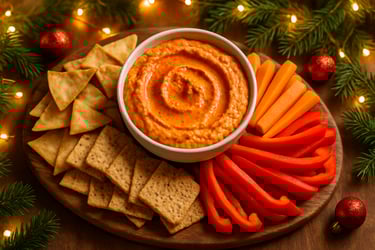 Festive overhead photo of a rustic holiday appetizer spread featuring a bowl of creamy red pepper hummus garnished with a swirl of olive oil and sprinkle of paprika, surrounded by pita chips, whole grain crackers, carrot sticks, and sliced red bell peppers on a wooden board, with soft warm string lights, evergreen sprigs, and subtle red and gold holiday decor in the background, bright natural lighting, shot in a cozy home kitchen, high-resolution food photography.