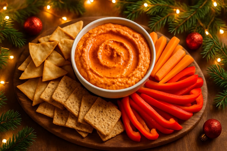 Foto festiva de un aperitivo rústico con un tazón de hummus cremoso de pimiento rojo adornado con un chorrito de aceite de oliva y pimentón, rodeado de chips de pita, galletas integrales, palitos de zanahoria y pimientos rojos en rodajas sobre una tabla de madera, con suaves y cálidas luces, ramitas de hoja perenne y una sutil decoración navideña roja y dorada de fondo, iluminación natural brillante, tomada en una acogedora cocina casera, fotografía de alimentos de alta resolución.