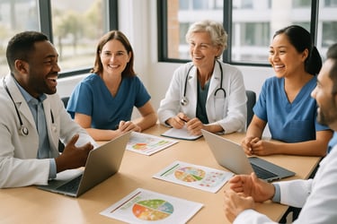 Diverse healthcare professionals collaborate around a conference table with laptops and nutrition guides, discussing innovative medical nutrition therapy strategies to improve patient outcomes.