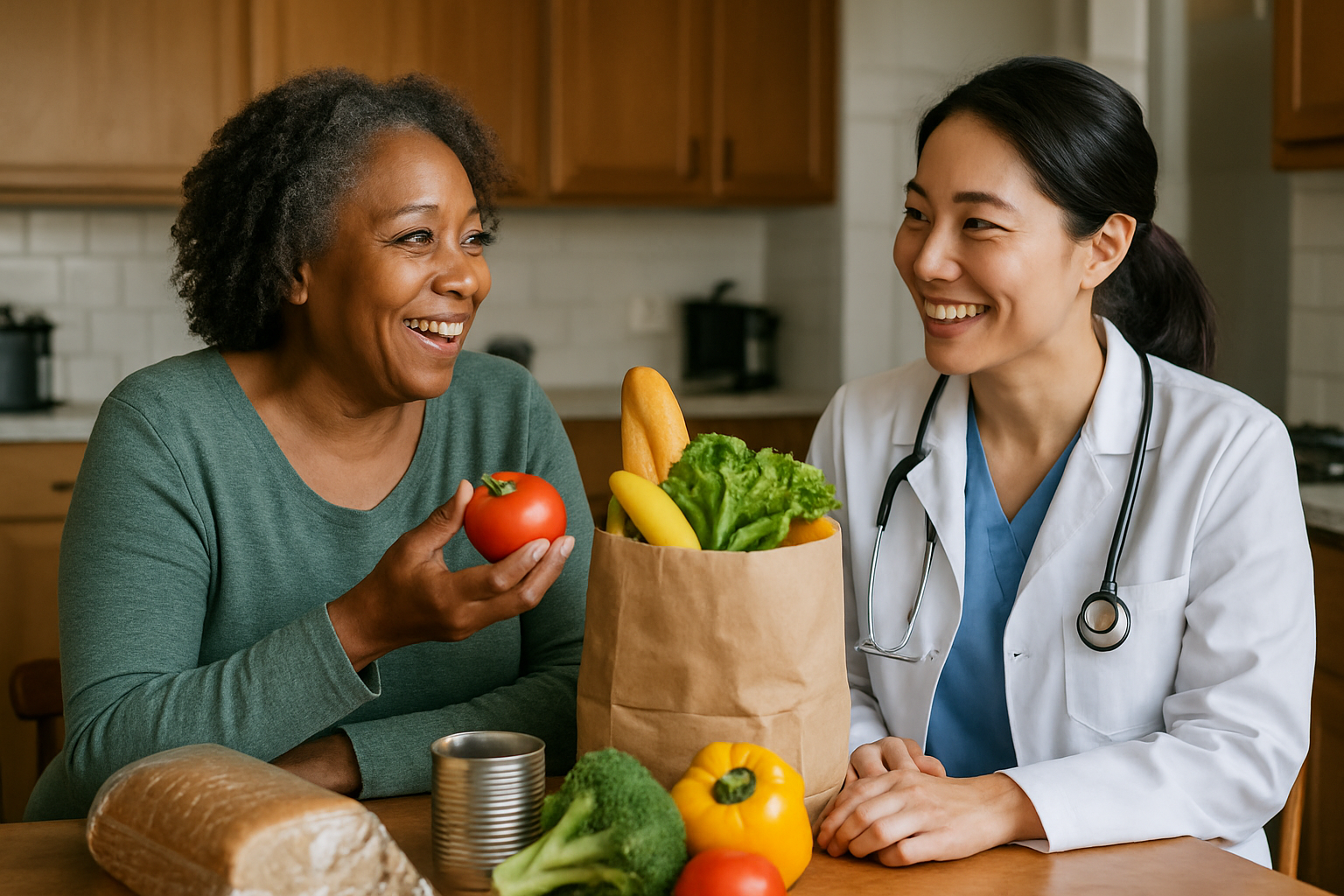 photographic The image depicts a friendly interaction between two individuals in a kitchen setting One person is holding a tomato and smiling while ta