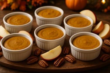 Crustless pumpkin pie cups baked in white ramekins, lightly golden and sprinkled with cinnamon, displayed on a simple Thanksgiving table with warm fall décor.