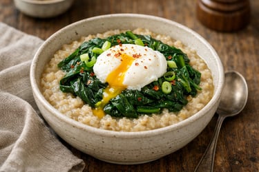 savory oatmeal with greens and poached egg breakfast