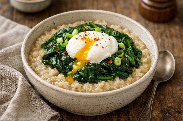 savory oatmeal with greens and poached egg breakfast