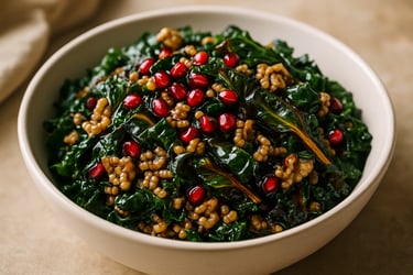 white bowl with kale, farro, and pomegranate