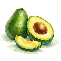 Handpainted watercolor illustration of avocados using soft wetonwet watercolor washes with visible paper texture Rounded organic forms with slight imp