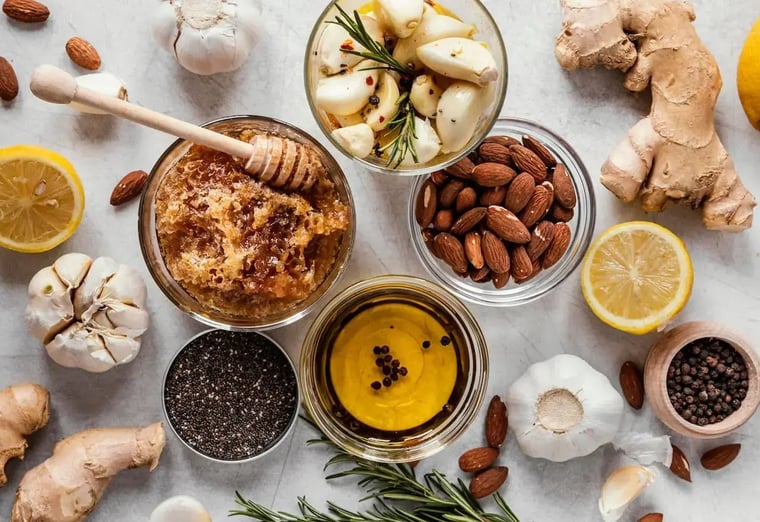 an array of immunity-boosting foods