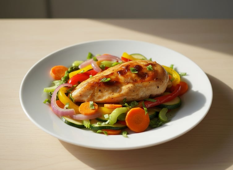 Pechuga de pollo al horno servida en un plato blanco con coloridas verduras cortadas en rodajas que incluyen zanahorias, cebolla roja, pimiento, apio y calabacín, adornadas con hierbas frescas.