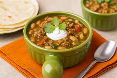 Tazón de chile verde con carne y frijoles, cubierto con una cucharada de crema agria y cilantro, servido en un plato de cerámica verde con tortillas y una cuchara a un lado.