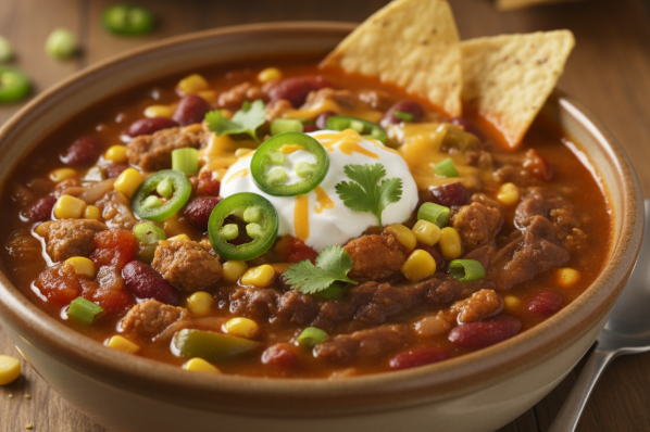 taco soup topped with sour cream and jalapenos